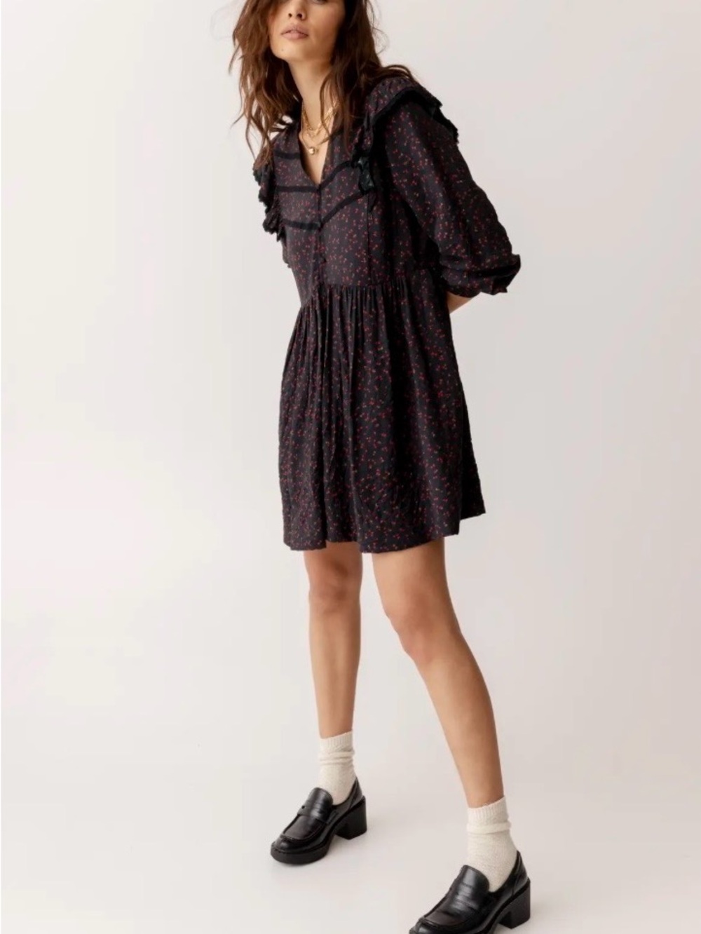 NWT Atelier Reve Irsavoir Black Dress with Red Floral Print and Ruffle Yoke Sz L